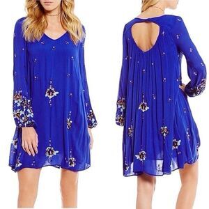 Free People Oxford Embroidered Mini Swing Dress Size Medium Cobalt Blue Pockets